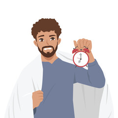 Man in a blue shirt and wrapped in a blanket looks alarmed while holding a ringing clock. Flat Vector character illustration
