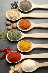 Many different spices in spoons on grey table, flat lay