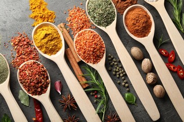 Many different spices in spoons on grey table, flat lay