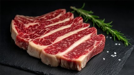 Fototapeta premium Sizzling Succulent Wagyu Steaks Expertly Sliced and Plated with Culinary Herbs for Gourmet Delight