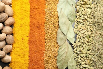 Many different spices as background, top view