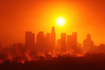 Fototapeta premium City Skyline Overwhelmed by Fiery Orange Sunset and Dramatic Wildfire Smoke.