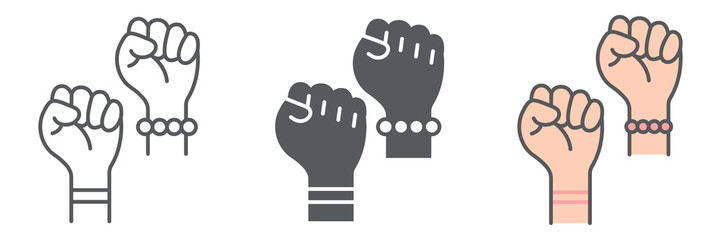 Fighting for rights icon collection, fist and feminism, women protest sign vector set graphics, editable stroke linear icon, eps 10
