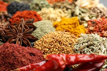 Different aromatic spices as background, closeup view