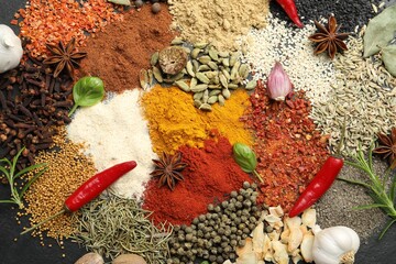 Different aromatic spices on grey table, top view