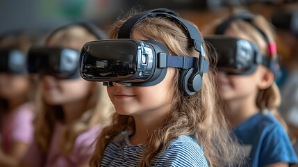 Children wearing virtual reality headsets