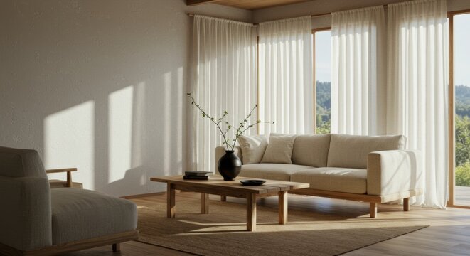 Bright and airy Scandinavian living room with natural light, minimalist decor, and comfortable sofa