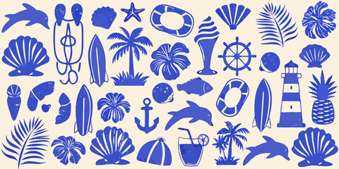 Vibrant blue summer beach icons collage featuring dolphins palm trees surfboards and tropical flowers