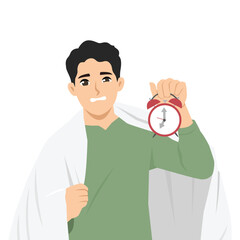 Man in a green shirt and wrapped in a blanket looks alarmed while holding a ringing clock. Flat Vector character illustration