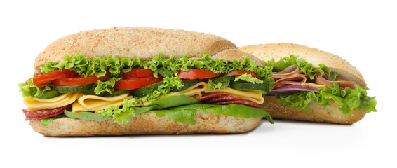 Tasty baguette sandwiches with smoked sausage, cheese and vegetables isolated on white