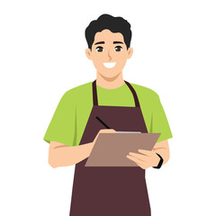 Friendly Service Worker with Clipboard. Flat Vector character illustration