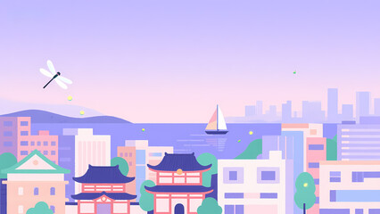 Illustrated Cityscape with Traditional and Modern Buildings Near the Sea