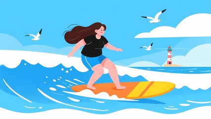 A person surfing on a yellow board in the ocean with a lighthouse in the background under a clear sky.