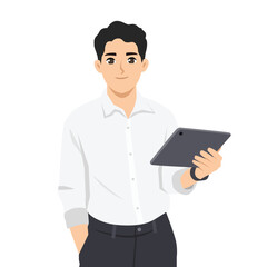 Young man dressed in a white shirt and dark pants holds a tablet, portraying a modern. Flat Vector character illustration