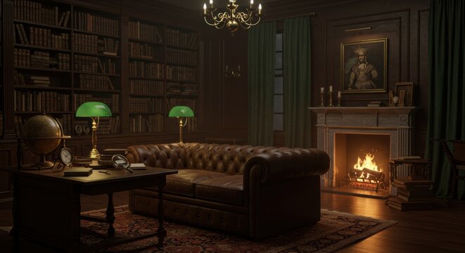 Classic library or study with a Chesterfield sofa, fireplace, bookshelves, and vintage decor, creating a cozy ambiance - Powered by Adobe