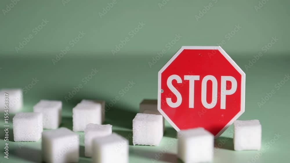 Poster white sugar cubes lie scattered on a green surface, and a stop sign gradually appears, symbolizing t