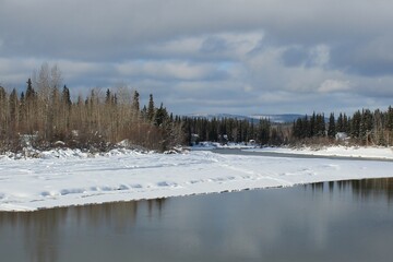 winter landscape with snow covered trees and river