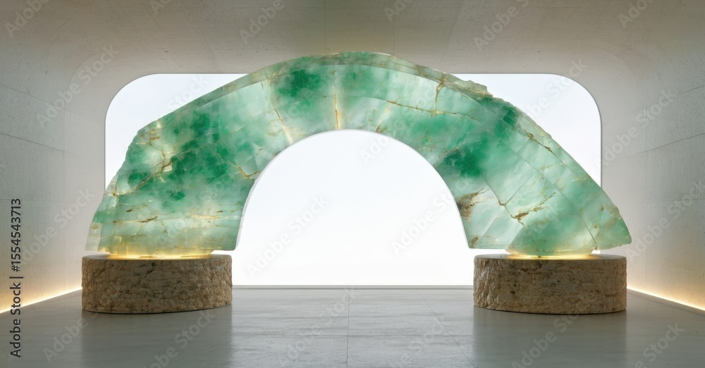 Poster green stone archway rests upon textured bases. minimalist interior space features soft lighting, cre