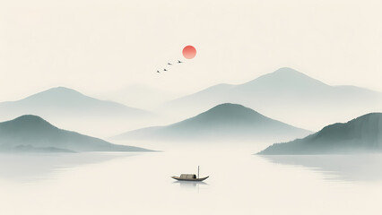 Solitary Boat on Calm Waters with Distant Mountains and a Setting Sun