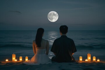 Romantic Couple Watching Full Moon on Beach with Candlelight at Night |  Illustration