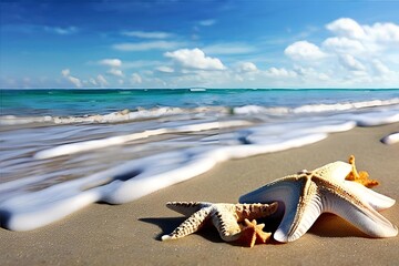 Starfish on the sandy beach at sunset with seashells and waves  |   | illustration