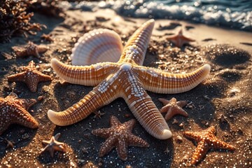 Starfish on the sandy beach at sunset with seashells and waves  |  illustration