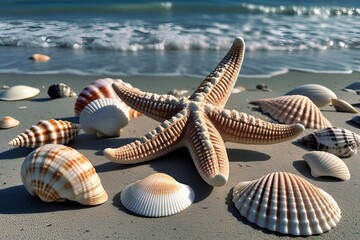 Starfish on the sandy beach at sunset with seashells and waves  |  illustration