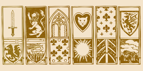 Collection of vintage tarot card designs featuring mythical creatures and symbols in gold tones