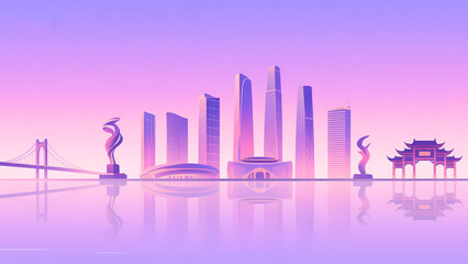 Modern Cityscape with Traditional Architecture and Sculptures at Dusk