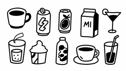 Collection of various beverage icons in black and white outline style