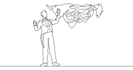 Continuous one line drawing circus magician illusionist. Magic show of a magician. Performance of an illusionist wizard. Circus. One continuous line isolated minimal illustration.Not AI.