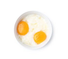 Half-boiled eggs in bowl isolated on white, top view. Traditional asian breakfast