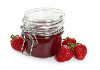 Tasty strawberry jam in jar and fresh berries isolated on white