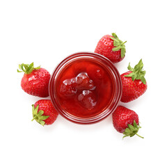 Tasty strawberry jam in bowl and fresh berries isolated on white, top view
