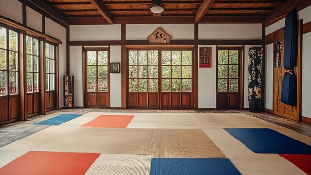 Martial arts dojo with tatami mats and traditional Japanese decor, ready for disciplined training and practice of various techniques