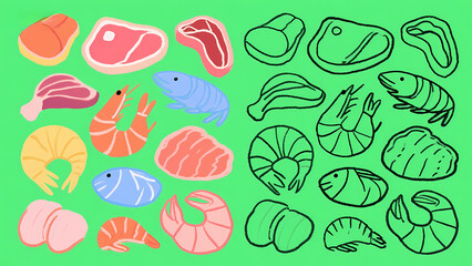 Illustration of Various Seafood and Meat Items in Solid and Outline Styles