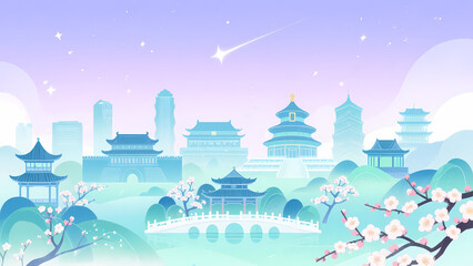 Pastel-colored traditional architecture with cherry blossoms and a serene bridge under a starry sky
