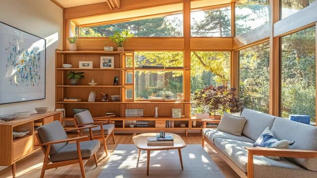 Mid-century modern living room with teak furniture open shelves and daylight pouring through clerestory windows