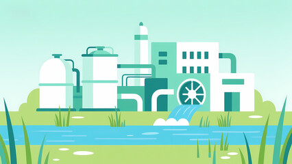 Industrial facility with water treatment system and green surroundings