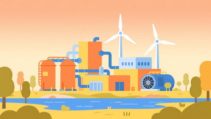 Industrial Complex with Wind Turbines and Water Body