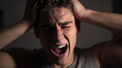 Close-up portrait of a young man expressing intense emotional distress, screaming loudly.