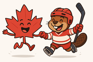 Maple leaf and ice hockey beaver characters. Cartoon canadian national symbols. Vector cute friendship illustration