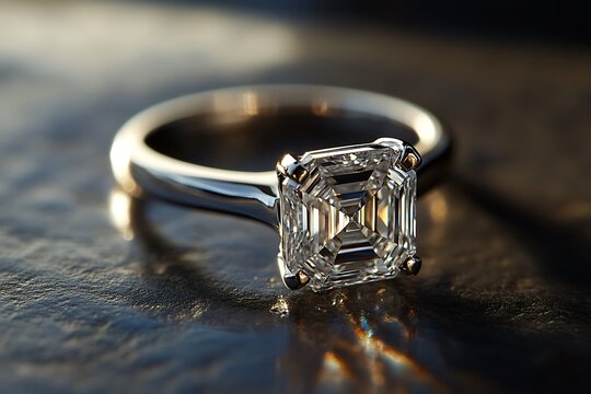 Asscher cut diamond displayed on silver ring setting, geometric light play across its stepped facets 