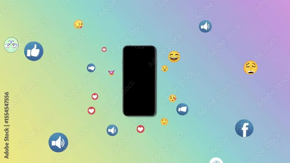 Aufkleber Social media icons float around a smartphone with a black screen on a gradient background, representing online interaction and marketing concepts