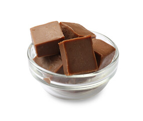 Tasty chocolate butter cubes in bowl isolated on white