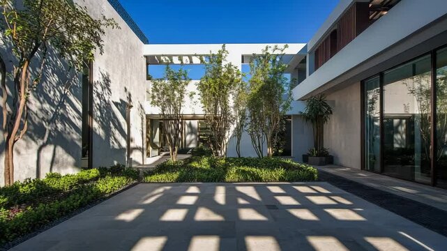 Modern courtyard with geometric shadow patterns from architectural elements, clean landscaping and crisp lighting