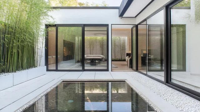 Modern courtyard with sliding glass doors, reflecting pool, white stone planters and bamboo backdrop