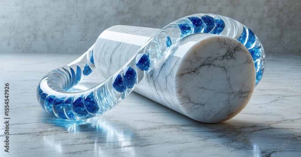 Poster abstract sculpture combines marble, glass. blue elements within clear form create striking visual co