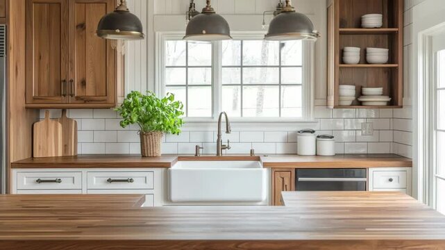 Modern farmhouse kitchen with shaker cabinets, apron sink, white backsplash, pendant lights and wood countertops