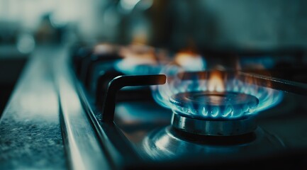 A gas flame burns with a bright blue hue on a kitchen hob.